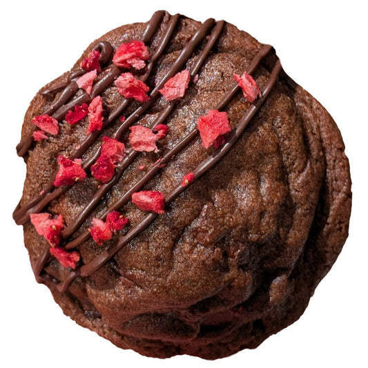 A single chocolate cookie topped with drizzled dark chocolate and dried strawberry pieces, shown on a plain white background.