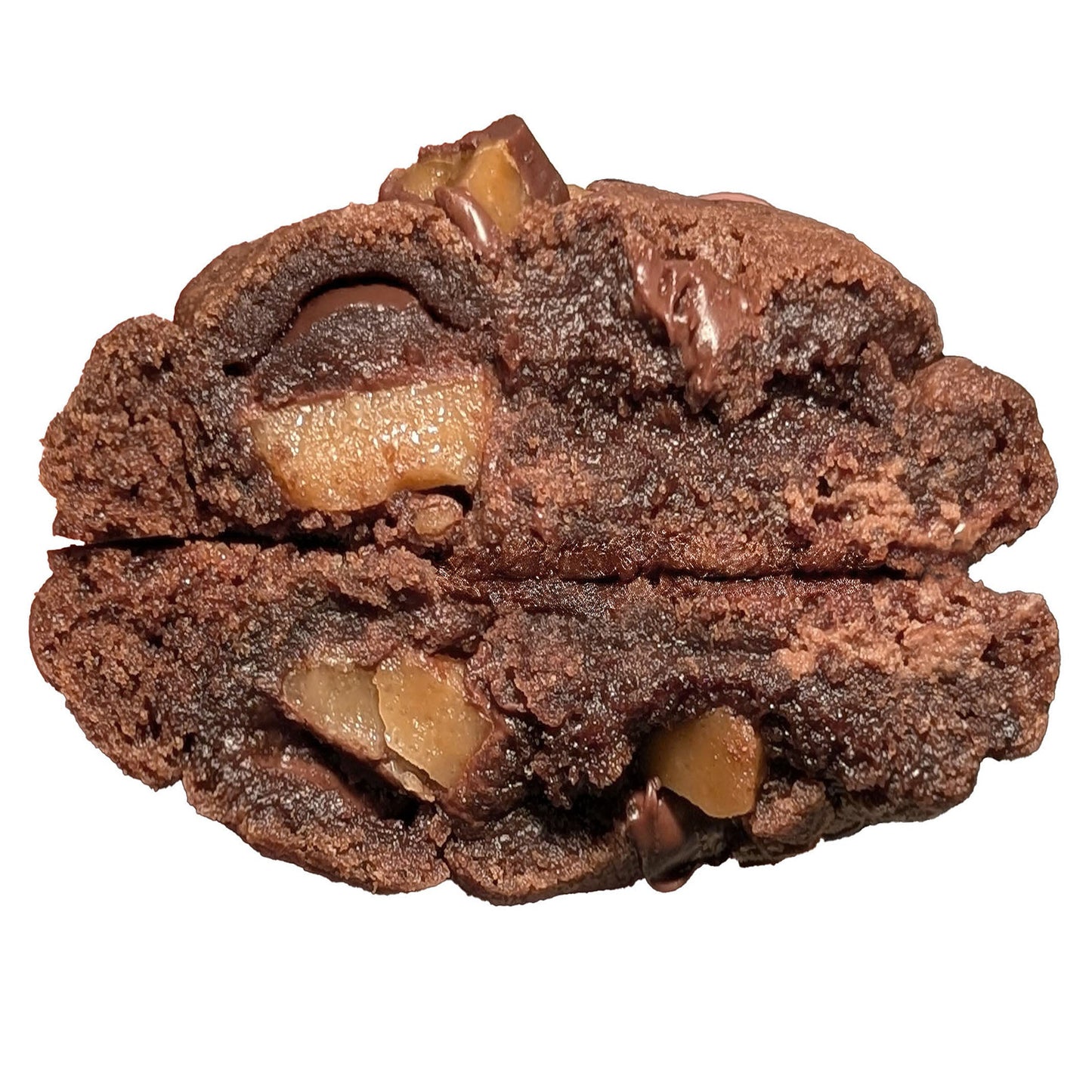 Close-up of a chocolate cookie with toffee on a white background