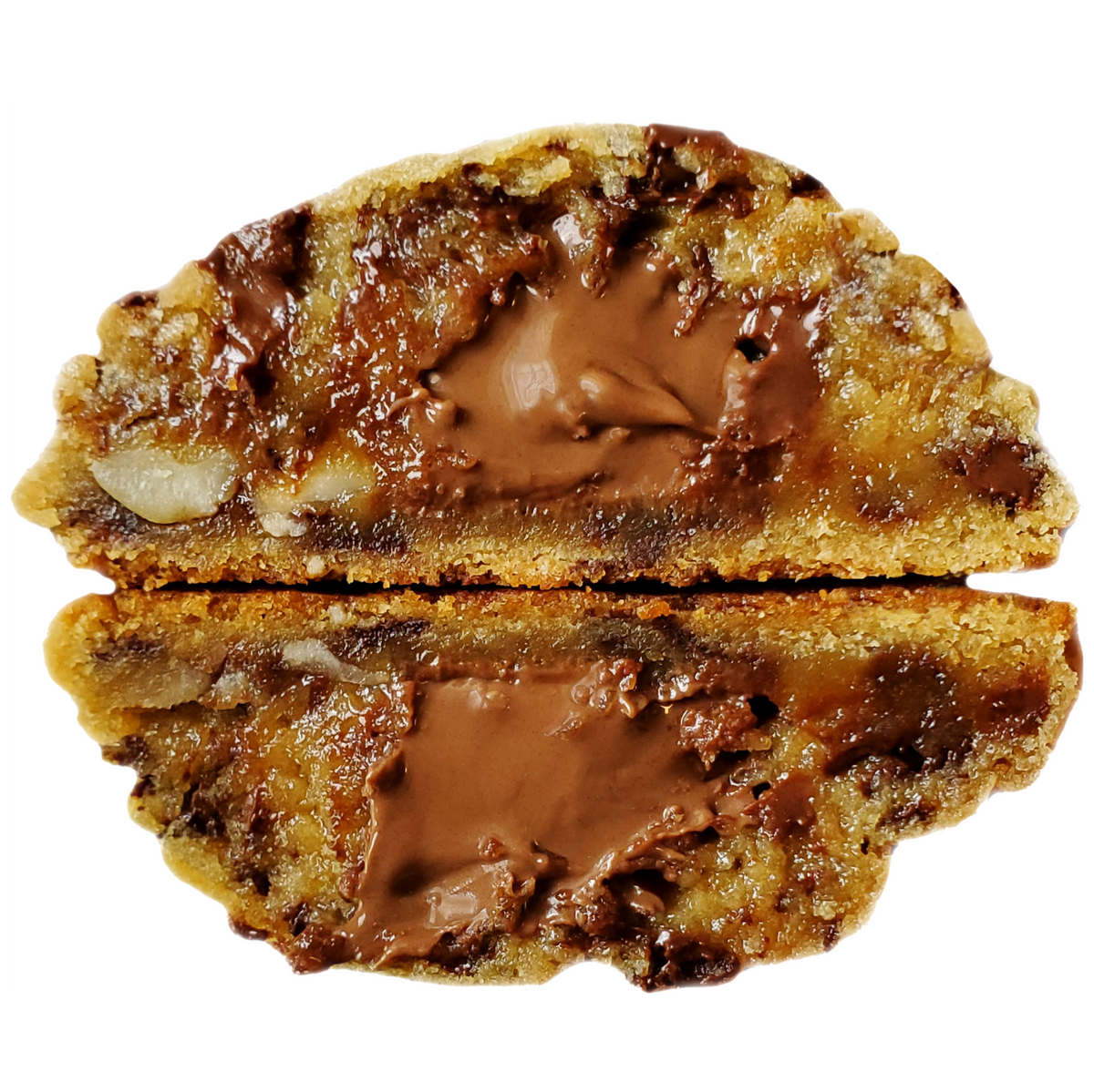 A close-up of a nutella-filled cookie cut in half vertically, showing a thick layer of glossy brown nutella spread inside a golden-brown cookie with darker chocolate chips and chopped hazelnuts, on a white background.